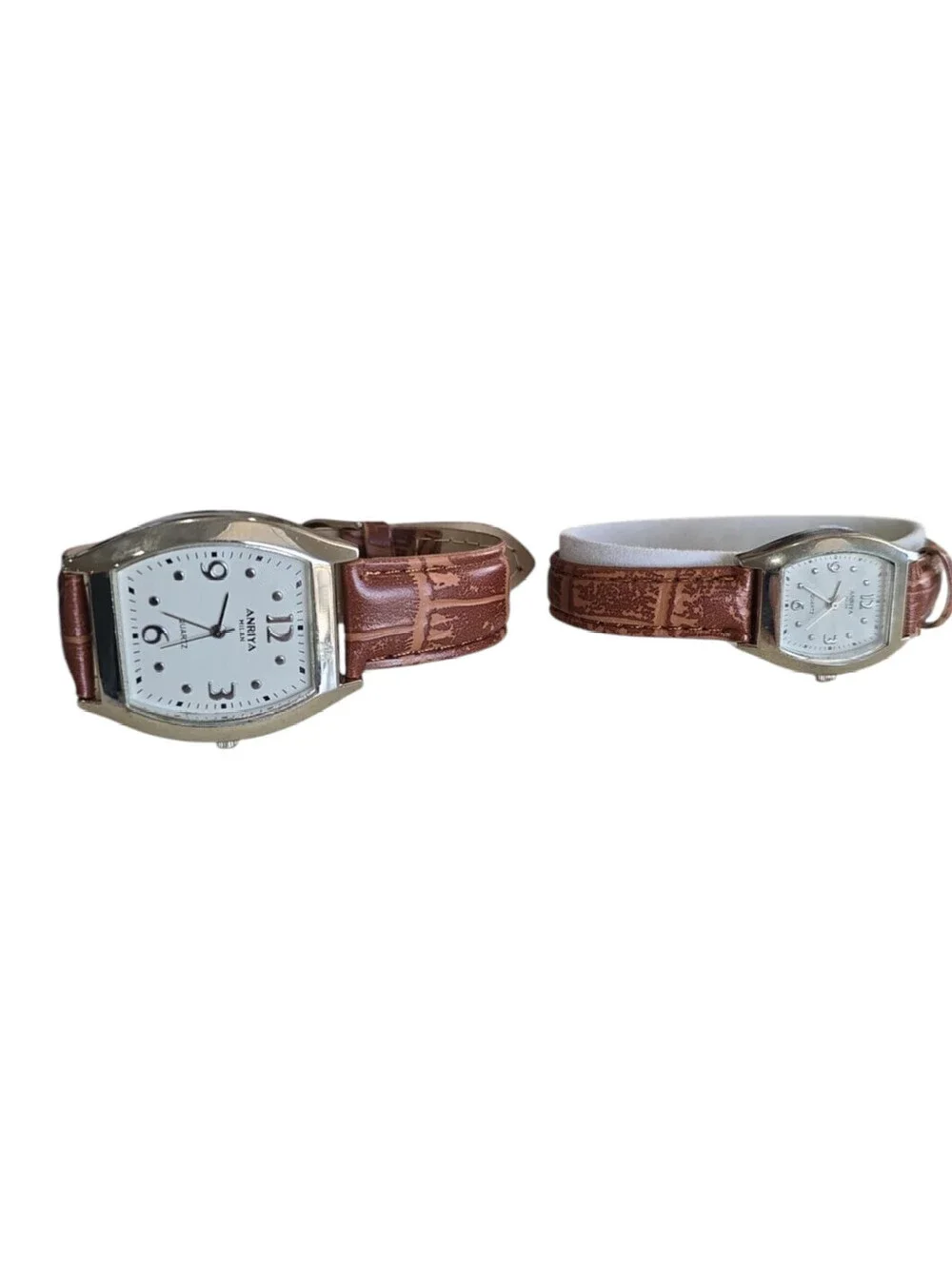 Anriya Milan Mens Womens Matching Watch Set Brown Leather Bands Vintage